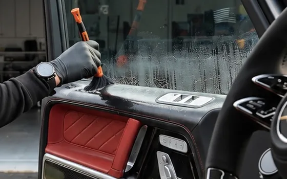 A gloved hand steaming the door panel of a G63 with red leather trim