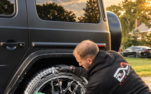 Andrew washing the G63 wheel with foam